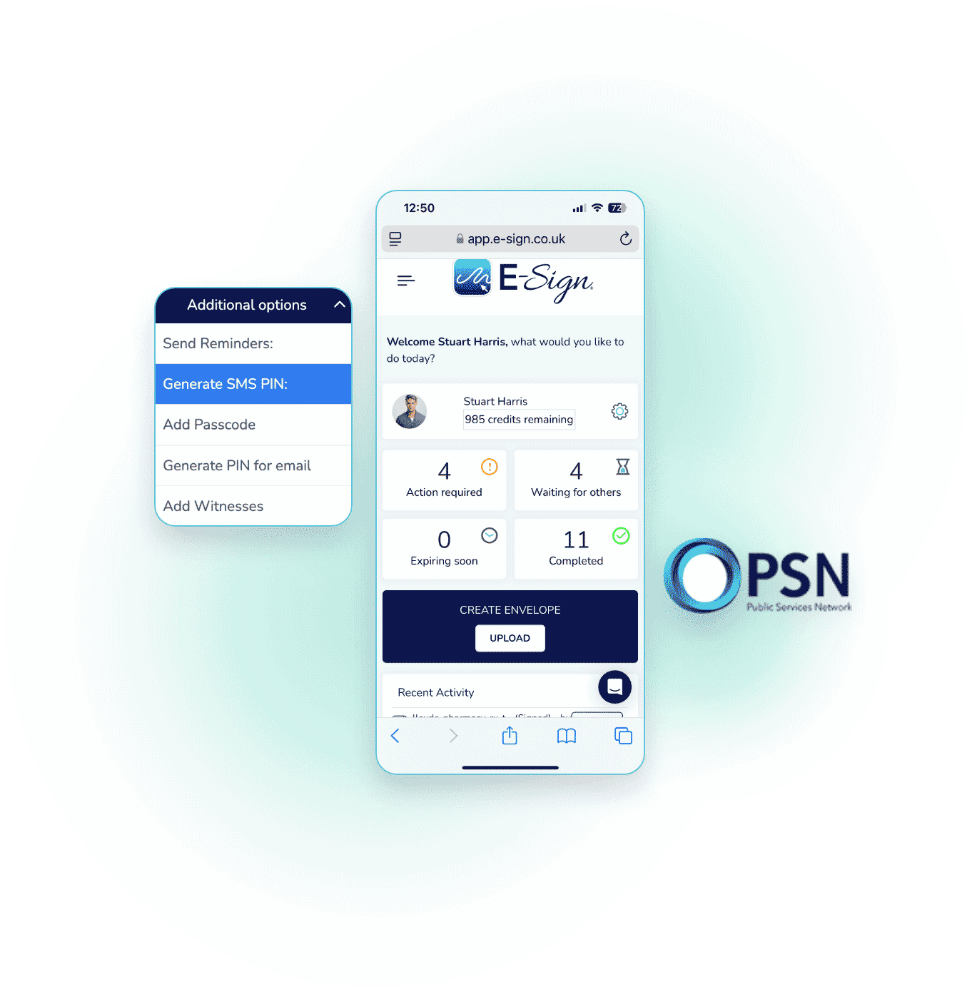 E-Sign dashboard generate sms pin